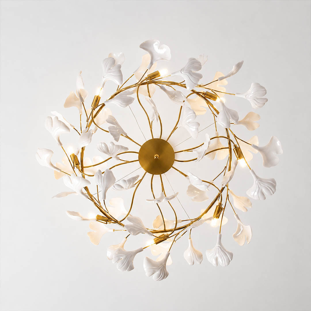 Gingko Chandelier Style D round Rose Gold metal drum frame polished sophisticated warm pink gold finish detail close up architectural