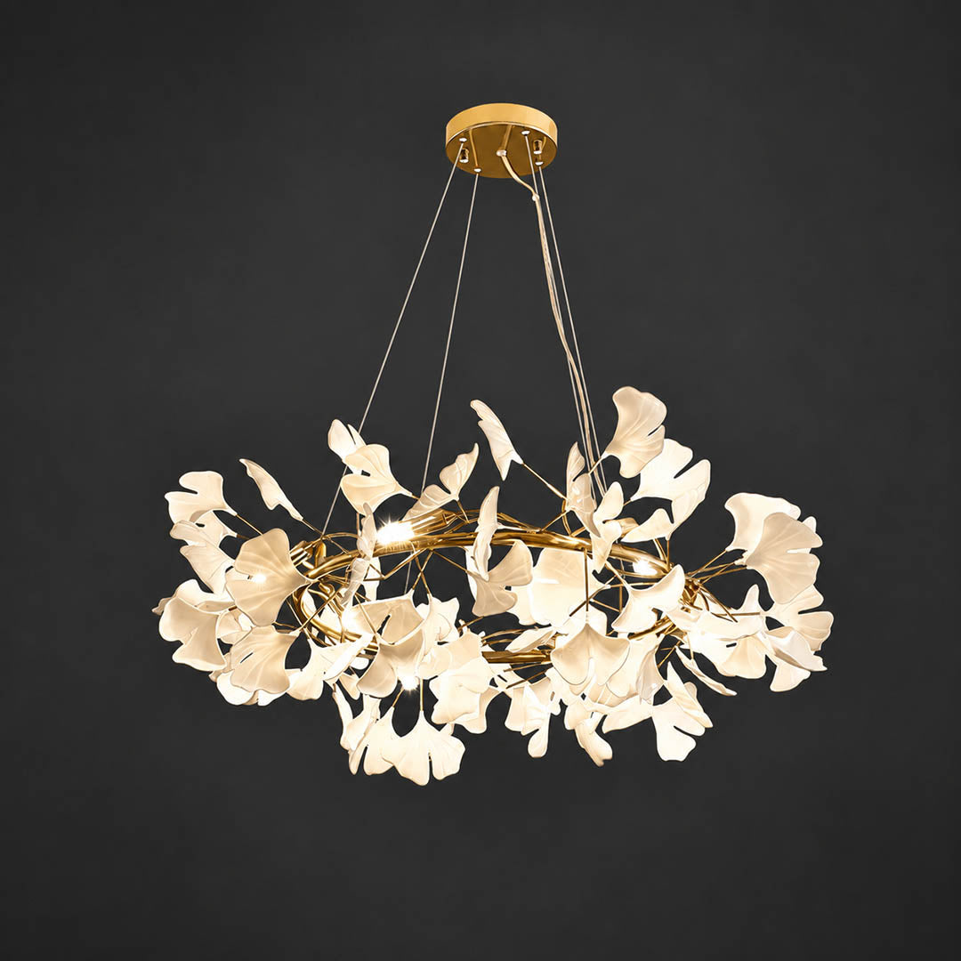 Gingko Chandelier Style D Model B extended arrangement round drum 31.5 inch handcrafted porcelain ginkgo leaves Rose Gold frame ceramic 8 G9 sockets modern mid century dining foyer statement white background