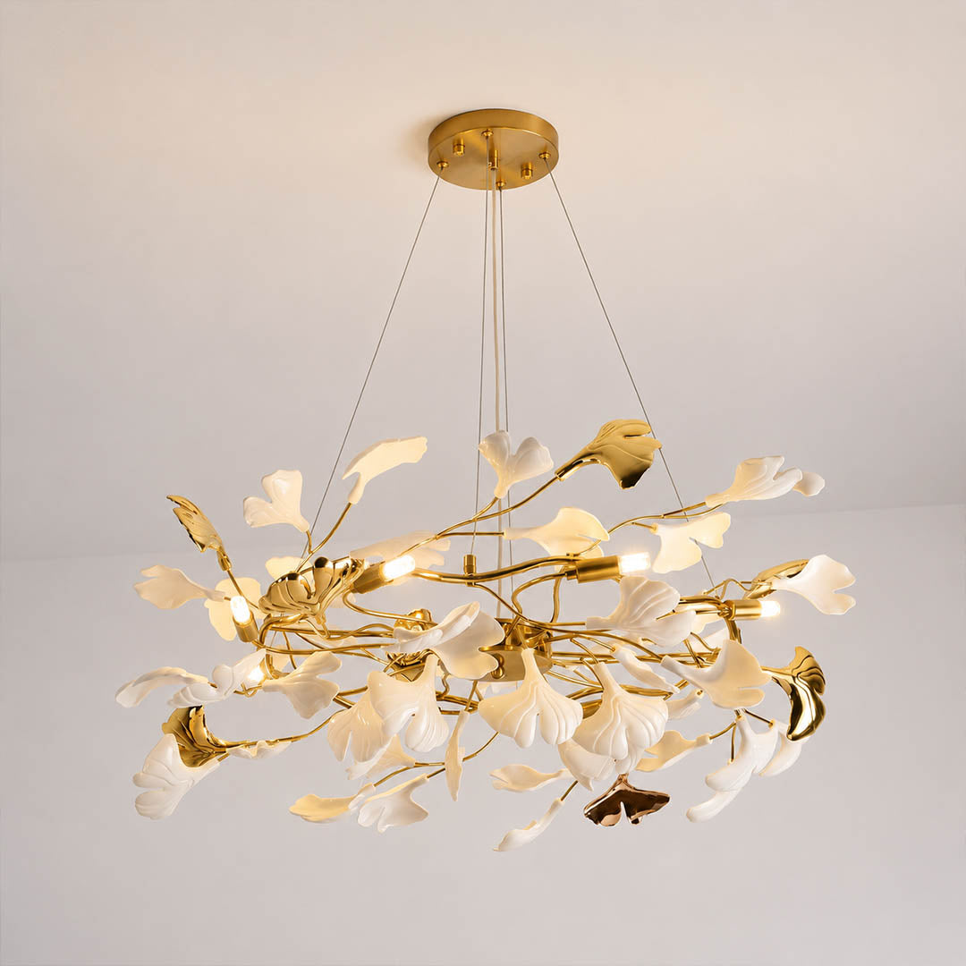 Gingko Chandelier Style D Model A classical radial round drum 31.5 inch handcrafted porcelain ginkgo leaves Rose Gold frame ceramic 8 G9 sockets modern mid century residential dining foyer statement white background
