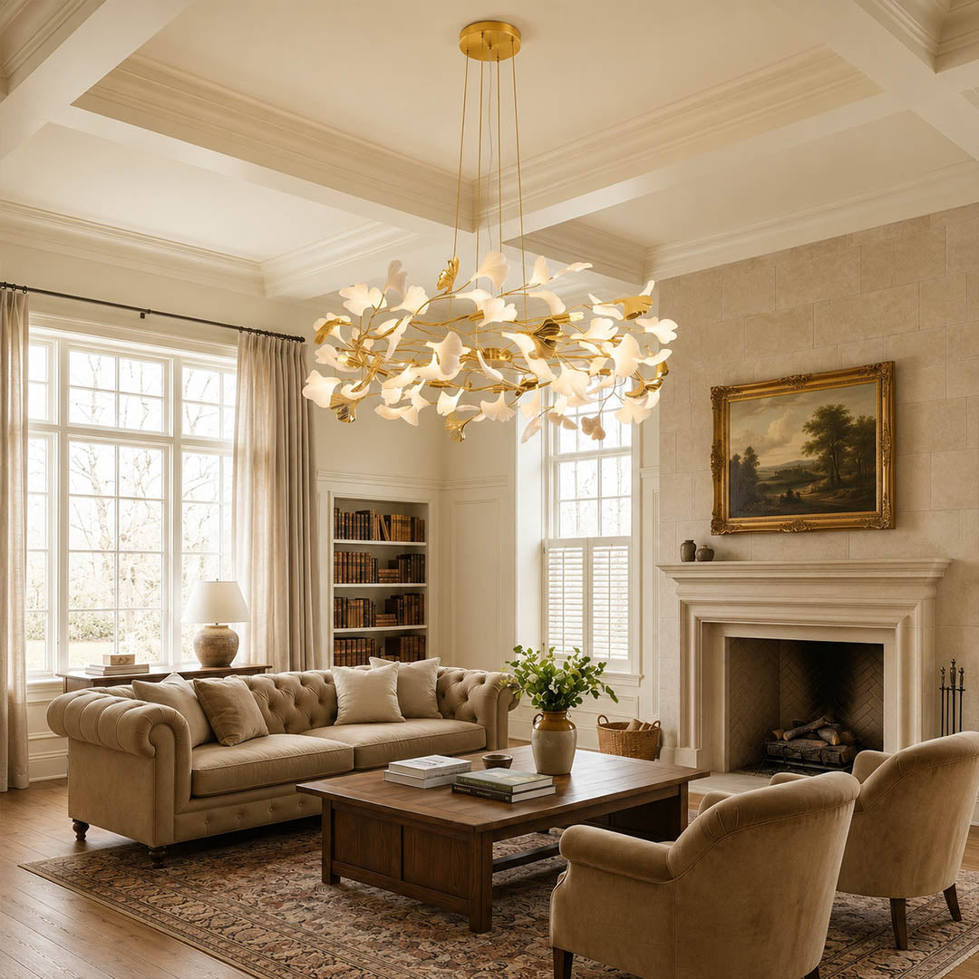 Gingko Chandelier Style D Model B extended 39.4 inch modern living room seating group statement mid century warm ambient sculptural botanical lifestyle interior