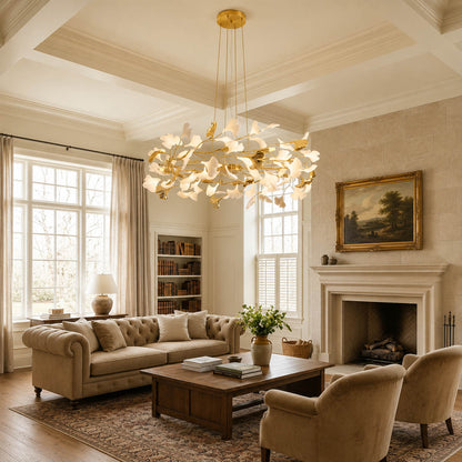Gingko Chandelier Style D Model B extended 39.4 inch modern living room seating group statement mid century warm ambient sculptural botanical lifestyle interior