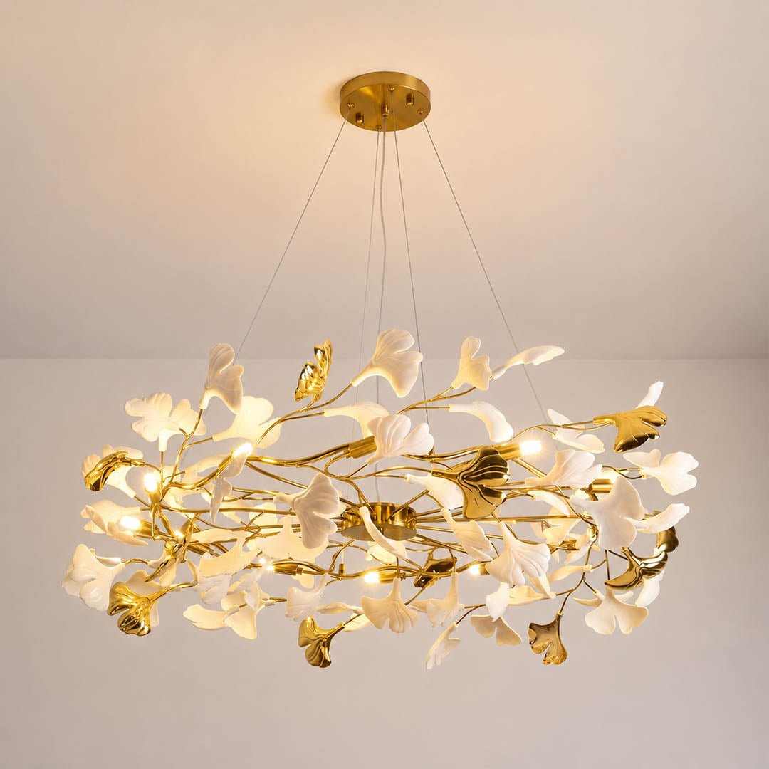 Gingko Chandelier Style D Model A classical radial round drum 39.4 inch handcrafted porcelain ginkgo leaves Rose Gold frame ceramic 10 G9 sockets modern mid century statement dining foyer sculptural white background
