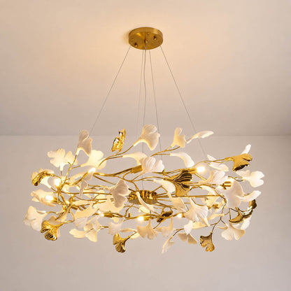 Gingko Chandelier Style D Model A classical radial round drum 39.4 inch handcrafted porcelain ginkgo leaves Rose Gold frame ceramic 10 G9 sockets modern mid century statement dining foyer sculptural white background