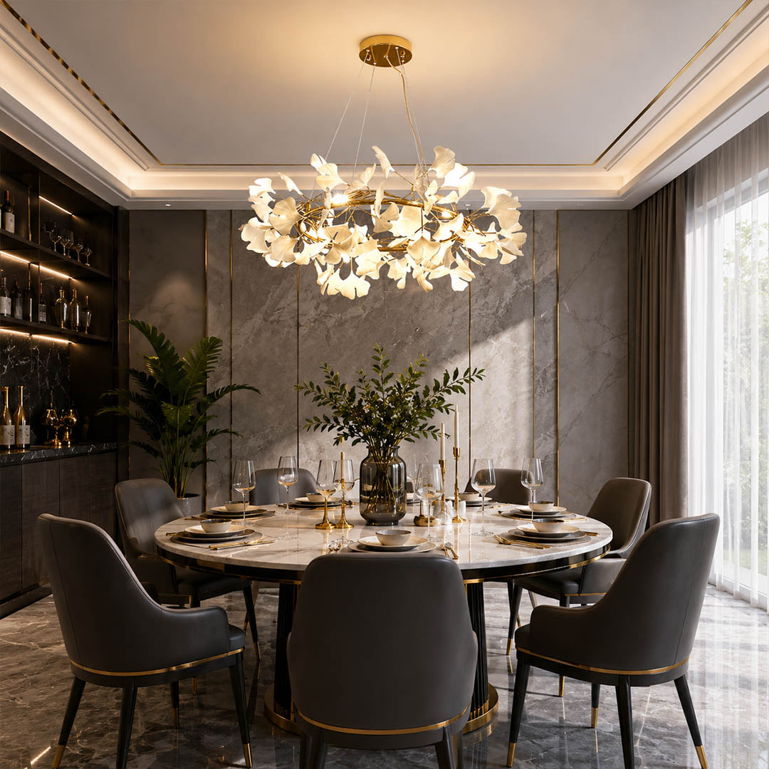 Gingko Chandelier Style D Model A classical radial 31.5 inch modern dining room 6 seat round walnut table statement mid century warm ambient sculptural elegant lifestyle interior