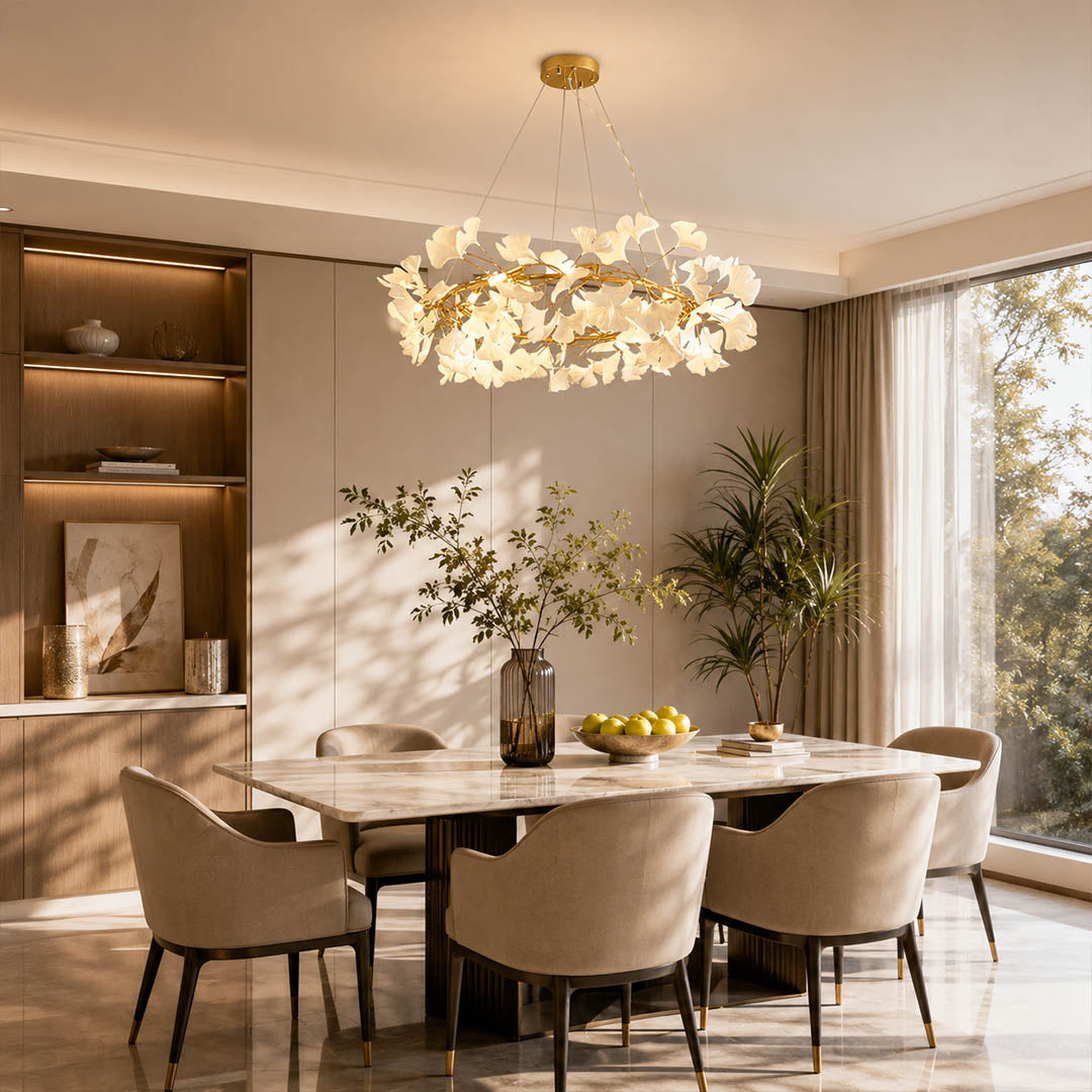 Gingko Chandelier Style D Model A classical radial 31.5 inch modern dining room 6 seat round walnut table statement mid century warm ambient sculptural elegant lifestyle interior