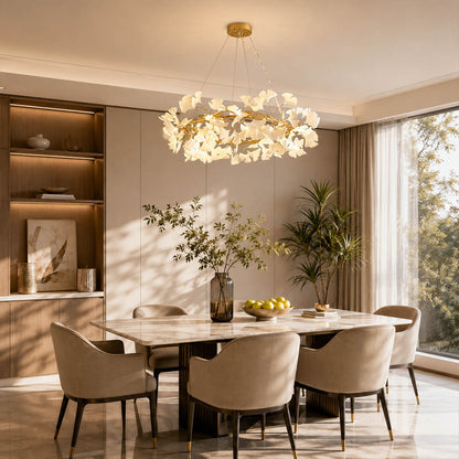 Gingko Chandelier Style D Model A classical radial 31.5 inch modern dining room 6 seat round walnut table statement mid century warm ambient sculptural elegant lifestyle interior