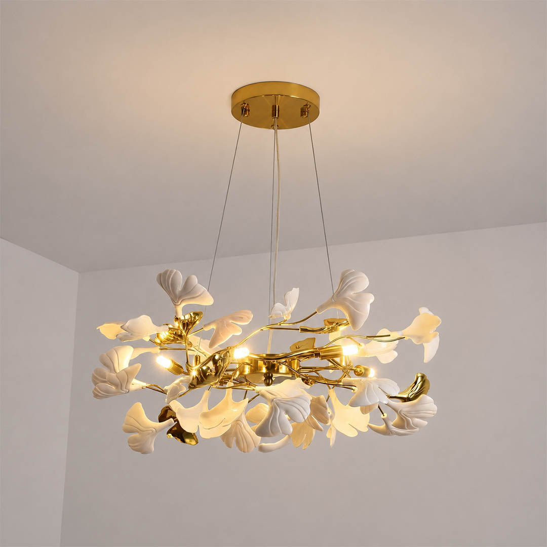 Gingko Chandelier Style D Model A classical radial round drum 23.6 inch handcrafted porcelain ginkgo leaves Rose Gold frame ceramic 6 G9 sockets modern mid century residential dining foyer white background