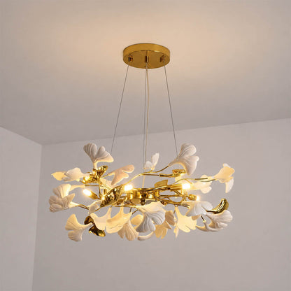 Gingko Chandelier Style D Model A classical radial round drum 23.6 inch handcrafted porcelain ginkgo leaves Rose Gold frame ceramic 6 G9 sockets modern mid century residential dining foyer white background