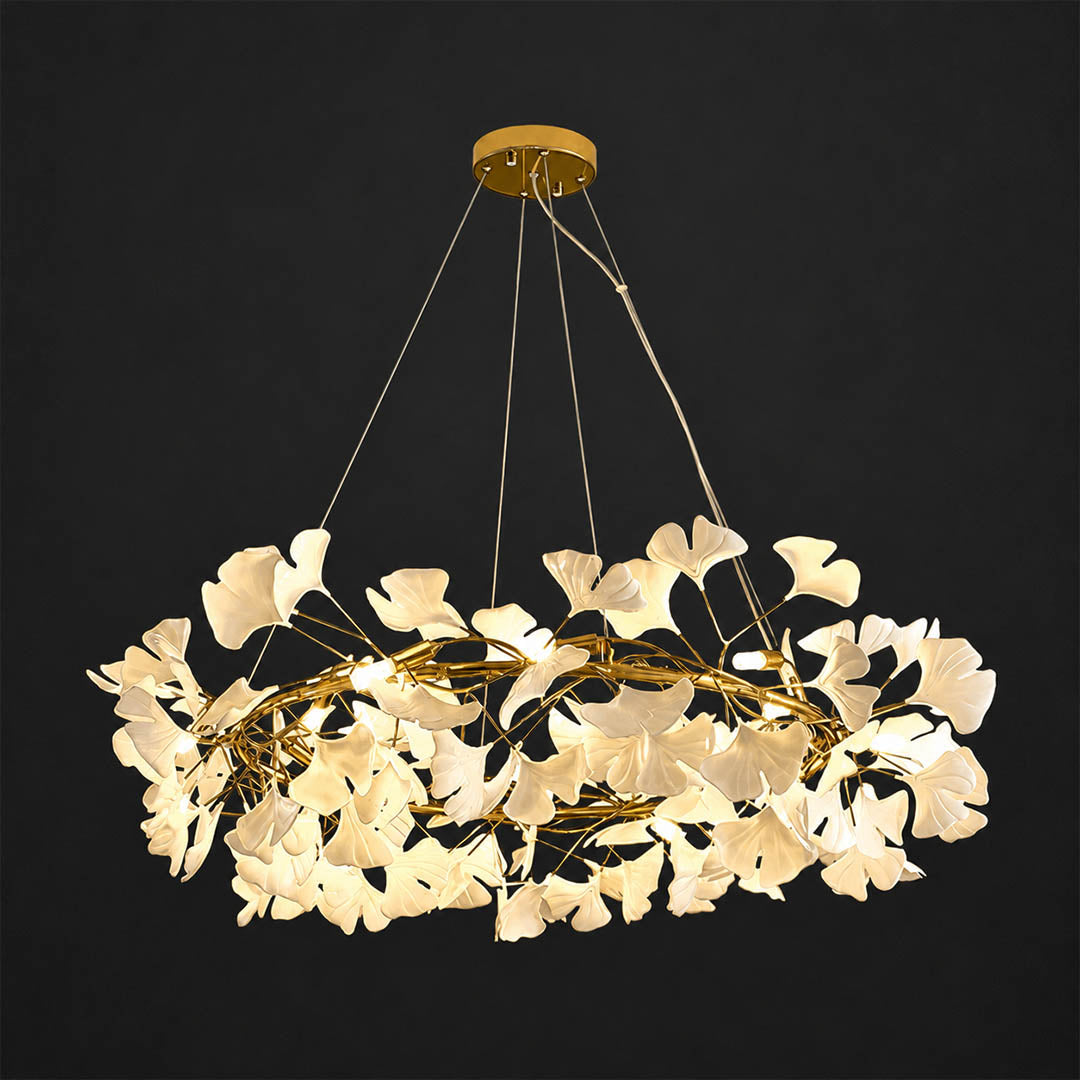 Gingko Chandelier Style D Model B extended arrangement round drum 23.6 inch handcrafted porcelain ginkgo leaves Rose Gold frame ceramic 6 G9 sockets modern mid century residential dining foyer white background