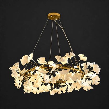 Gingko Chandelier Style D Model B extended arrangement round drum 23.6 inch handcrafted porcelain ginkgo leaves Rose Gold frame ceramic 6 G9 sockets modern mid century residential dining foyer white background
