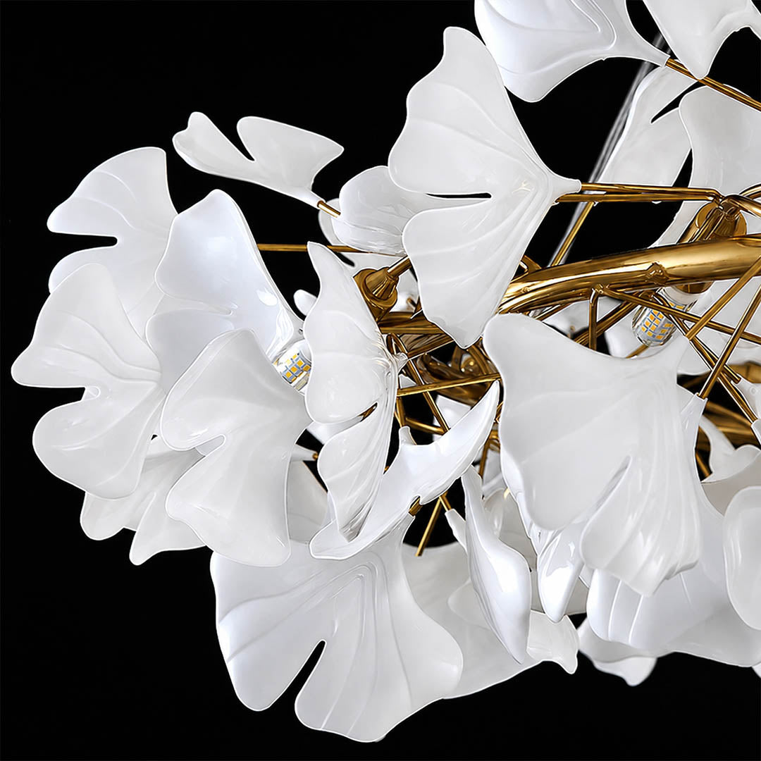 Gingko Chandelier Style D single ceramic hand glazed porcelain ginkgo leaf matte white botanical detail close up craftsmanship handcraft