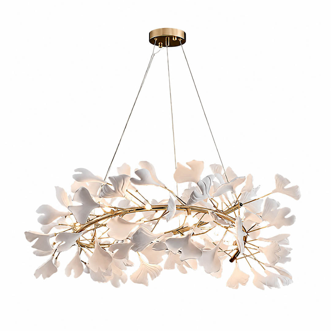 Gingko Chandelier Style E Model A dense radial round drum 59.1 inch handcrafted porcelain ginkgo leaves Rose Gold frame ceramic 16 G9 sockets modern french country flagship grand statement dining foyer atrium hospitality white background
