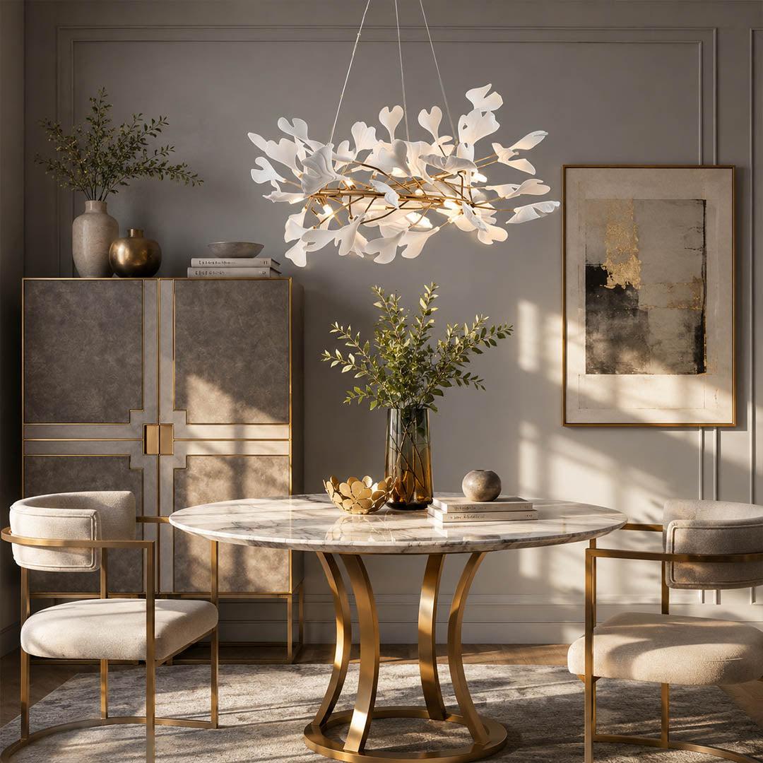 Gingko Chandelier Style E Model A dense round drum 39.4 inch boutique restaurant fine dining hospitality commercial modern french country warm ambient sculptural elegant lifestyle interior