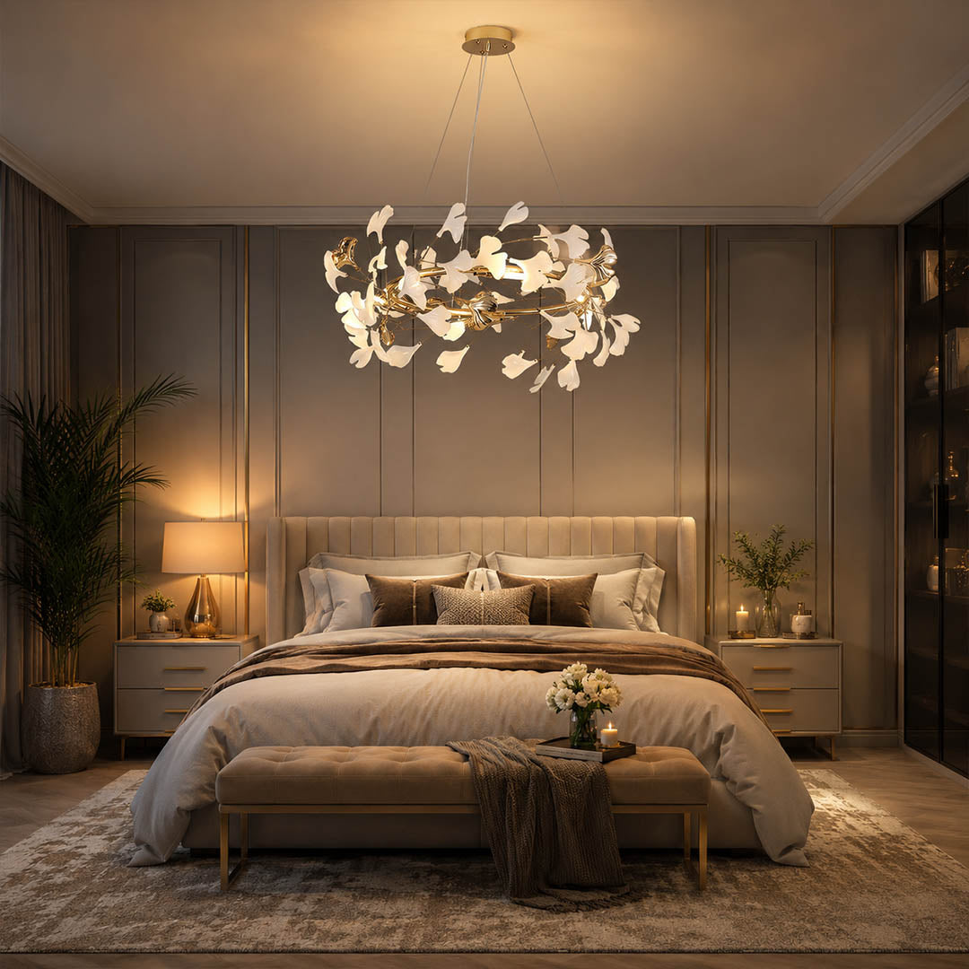 Gingko Chandelier Style E Model D narrow 47.2 inch modern french country primary bedroom sculptural bedside statement warm ambient botanical lifestyle interior