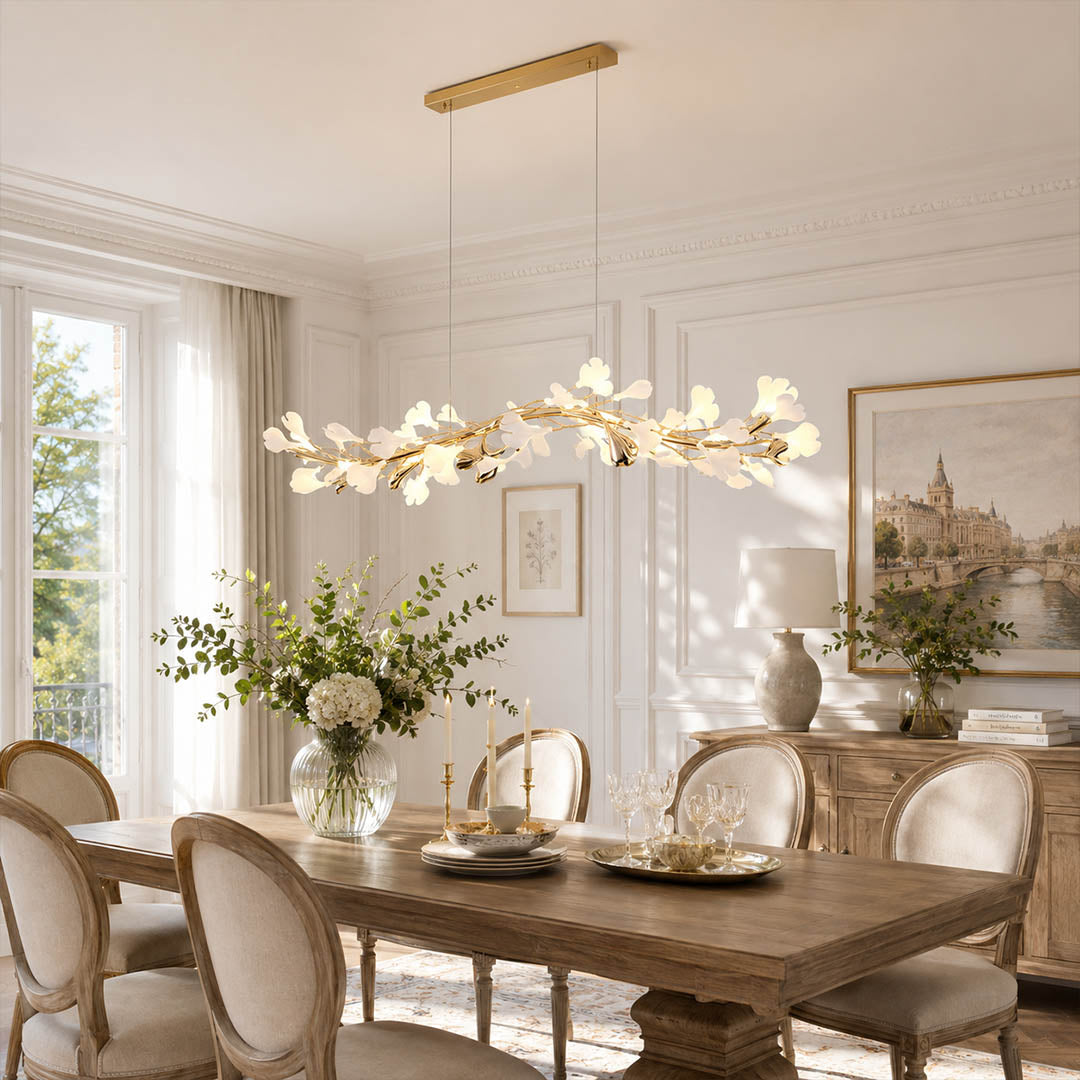 Gingko Chandelier Style E Model A dense round drum 47.2 inch modern french country dining room 8 seat round oak table statement warm ambient sculptural elegant lifestyle interior