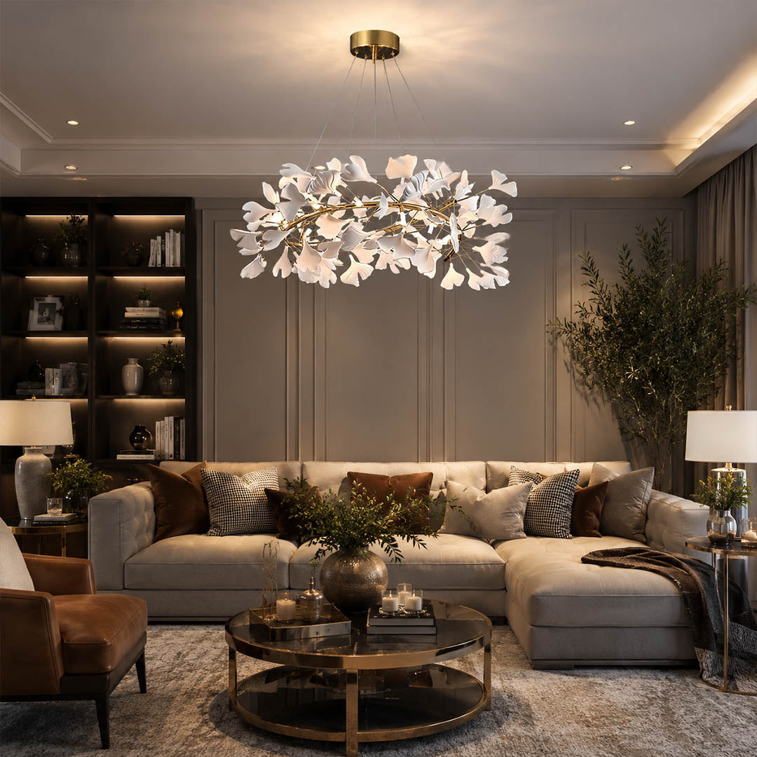 Gingko Chandelier Style E Model A dense 59.1 inch grand statement french country double height foyer entryway architectural sculptural warm ambient botanical hospitality lifestyle interior