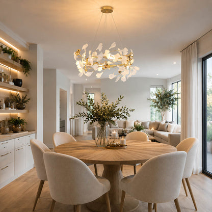 Gingko Chandelier Style E Model A dense round drum 47.2 inch modern french country dining room 8 seat round oak table statement warm ambient sculptural elegant lifestyle interior