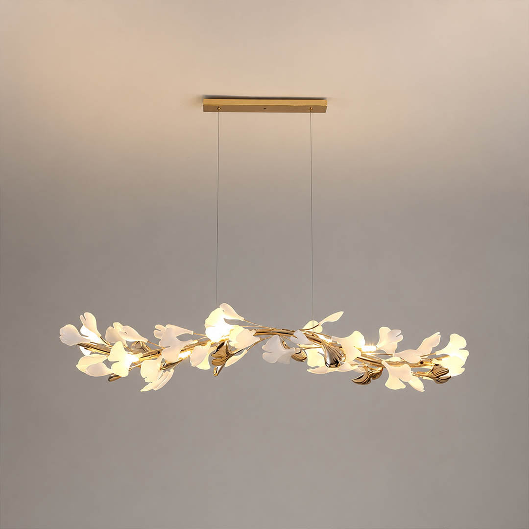 Gingko Chandelier Style E Model E ultra slim linear 47.2 inch handcrafted porcelain ginkgo leaves Rose Gold frame ceramic 8 G9 sockets modern french country ribbon narrow dining kitchen bar counter white background