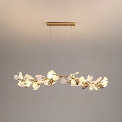 Gingko Chandelier Style E Model E ultra slim linear 47.2 inch handcrafted porcelain ginkgo leaves Rose Gold frame ceramic 8 G9 sockets modern french country ribbon narrow dining kitchen bar counter white background
