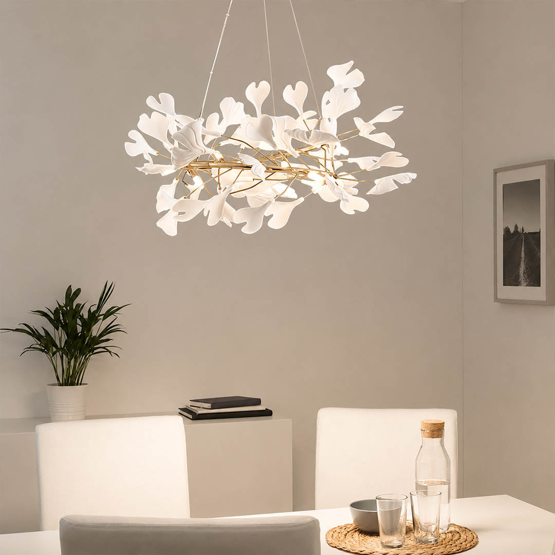 Gingko Chandelier Style E Model C rectangular volume 47.2 inch modern french country formal dining room long walnut table statement warm ambient sculptural elegant lifestyle interior