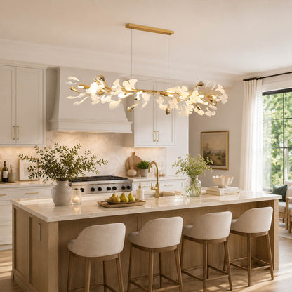 Gingko Chandelier Style E Model E ultra slim 47.2 inch modern kitchen island marble counter french country warm ambient ribbon narrow sculptural botanical lifestyle interior