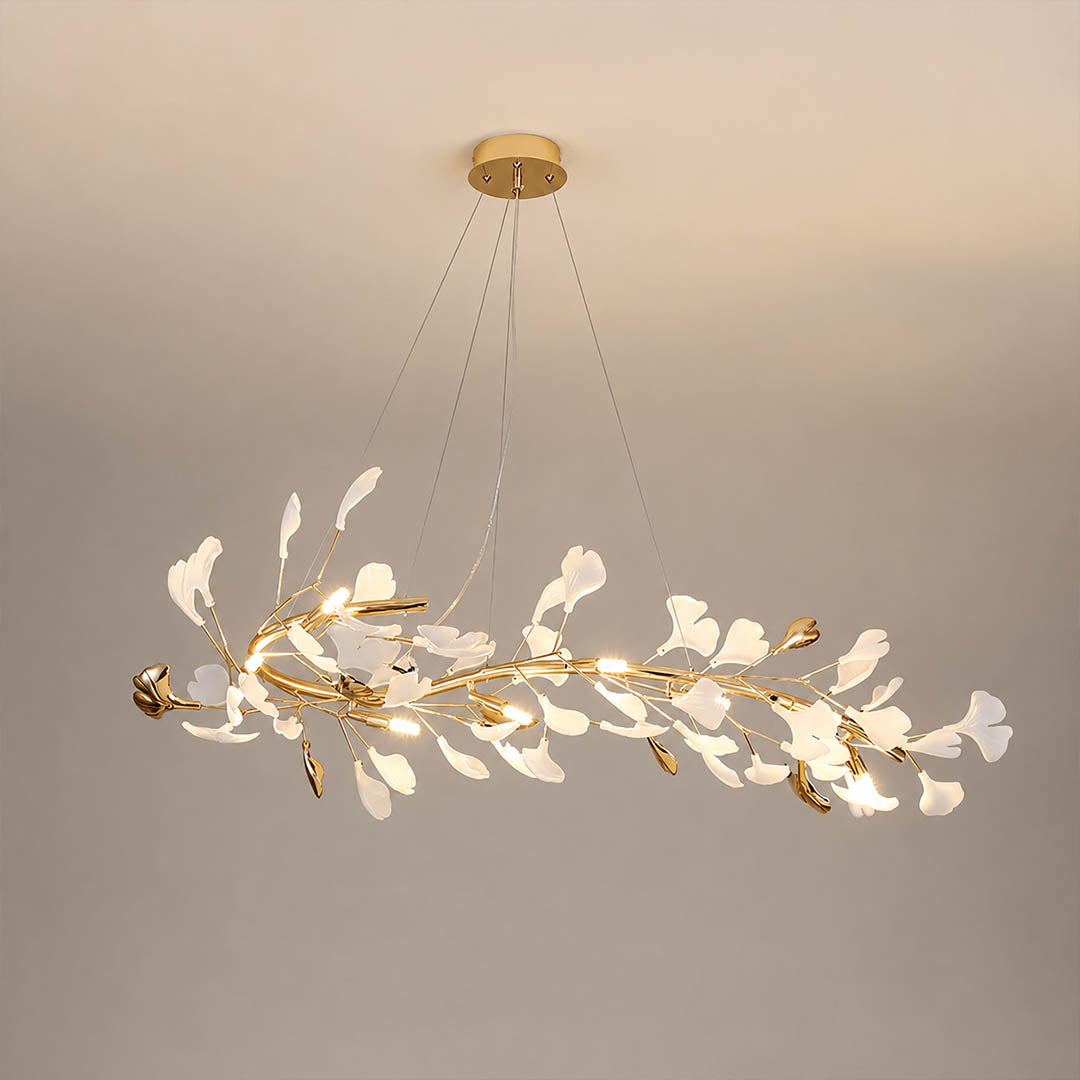 Gingko Chandelier Style E Model D narrow linear 47.2 inch handcrafted porcelain ginkgo leaves Rose Gold frame ceramic 8 G9 sockets modern french country compact dining kitchen island bedroom white background