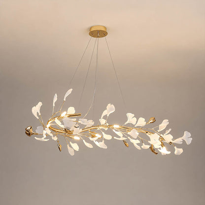 Gingko Chandelier Style E Model D narrow linear 47.2 inch handcrafted porcelain ginkgo leaves Rose Gold frame ceramic 8 G9 sockets modern french country compact dining kitchen island bedroom white background