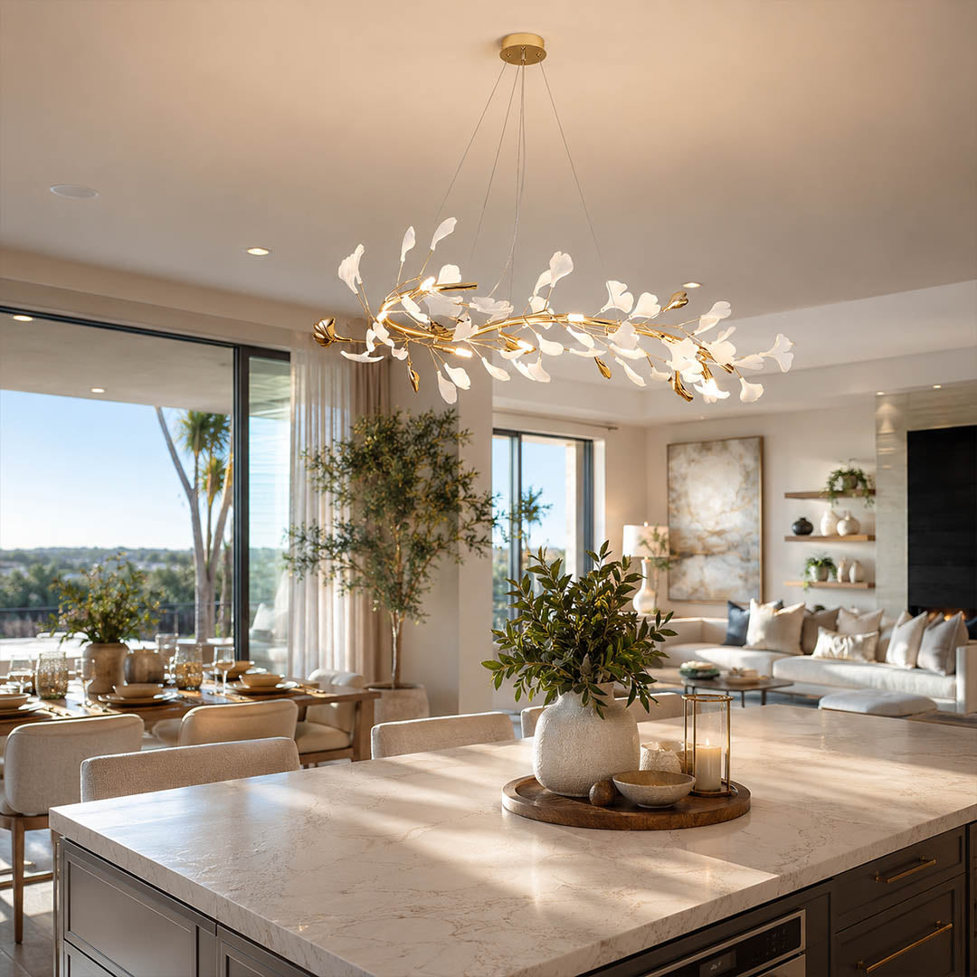 Gingko Chandelier Style E Model E ultra slim 47.2 inch modern kitchen island marble counter french country warm ambient ribbon narrow sculptural botanical lifestyle interior