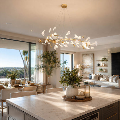 Gingko Chandelier Style E Model E ultra slim 47.2 inch modern kitchen island marble counter french country warm ambient ribbon narrow sculptural botanical lifestyle interior