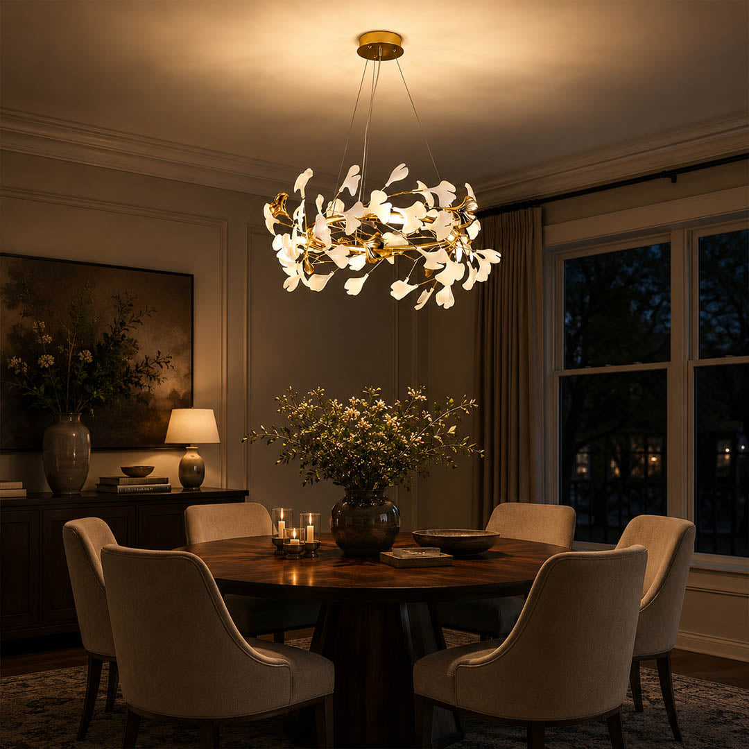 Gingko Chandelier Style E Model A dense round drum 39.4 inch boutique restaurant fine dining hospitality commercial modern french country warm ambient sculptural elegant lifestyle interior