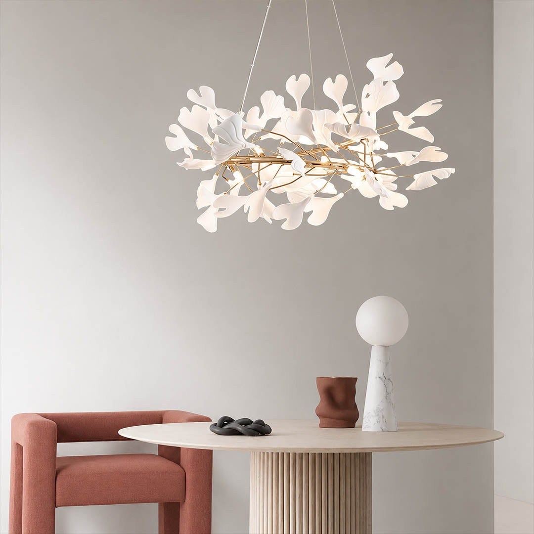 Gingko Chandelier Style E Model A dense round drum 47.2 inch modern french country dining room 8 seat round oak table statement warm ambient sculptural elegant lifestyle interior