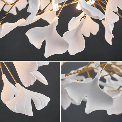 Gingko Chandelier Style E single ceramic hand glazed porcelain ginkgo leaf matte white botanical detail close up craftsmanship french country