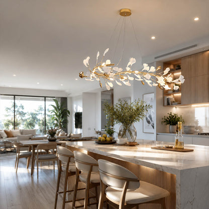 Gingko Chandelier Style E Model E ultra slim 47.2 inch modern kitchen island marble counter french country warm ambient ribbon narrow sculptural botanical lifestyle interior