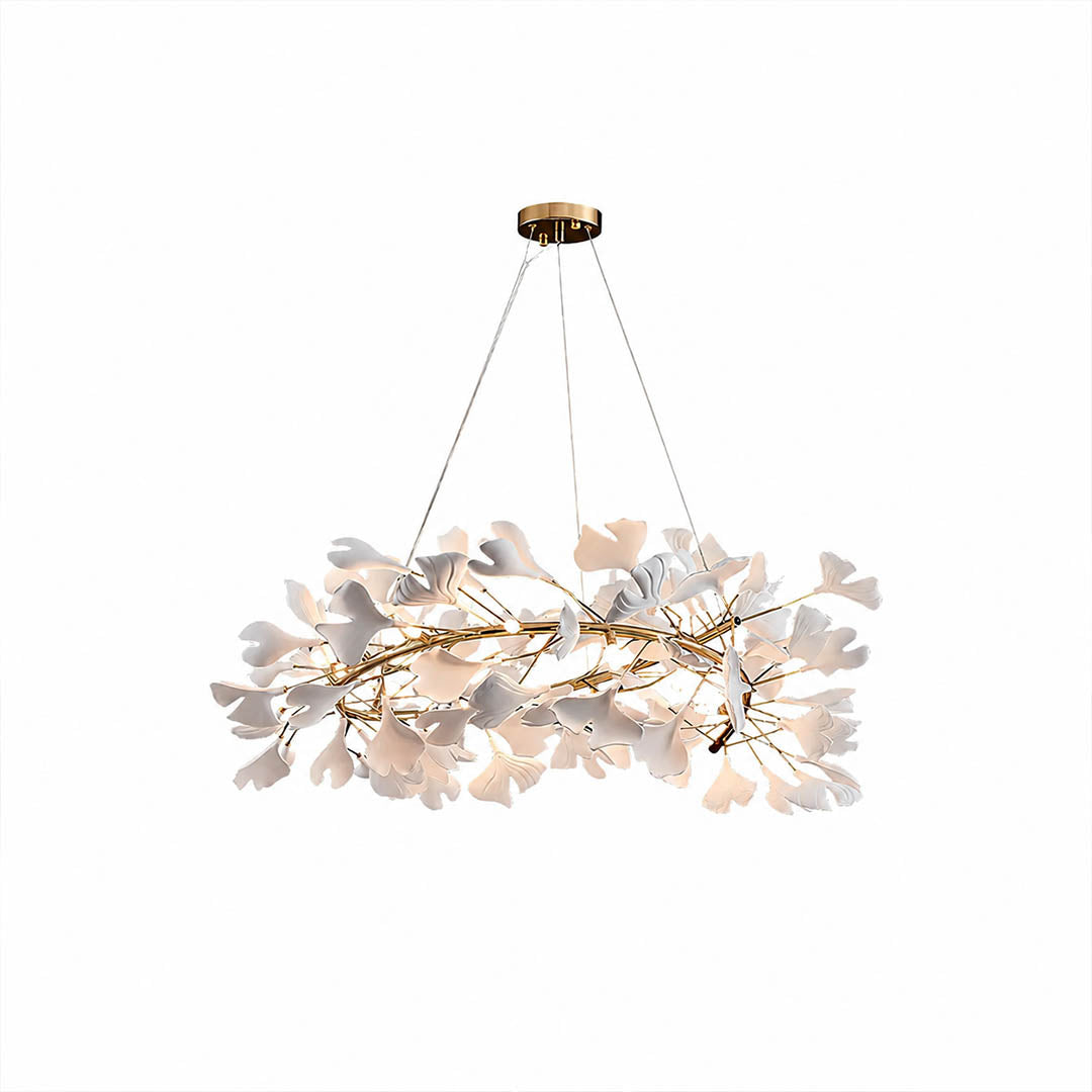 Gingko Chandelier Style E Model A dense radial round drum 39.4 inch handcrafted porcelain ginkgo leaves Rose Gold frame ceramic 10 G9 sockets modern french country statement dining foyer sculptural white background