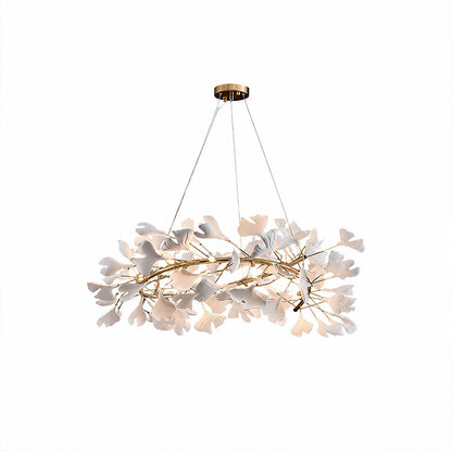 Gingko Chandelier Style E Model A dense radial round drum 39.4 inch handcrafted porcelain ginkgo leaves Rose Gold frame ceramic 10 G9 sockets modern french country statement dining foyer sculptural white background