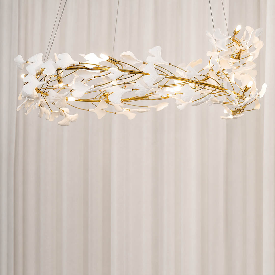 Gingko Chandelier Style E Rose Gold metal frame polished sophisticated warm pink gold finish detail close up architectural french country