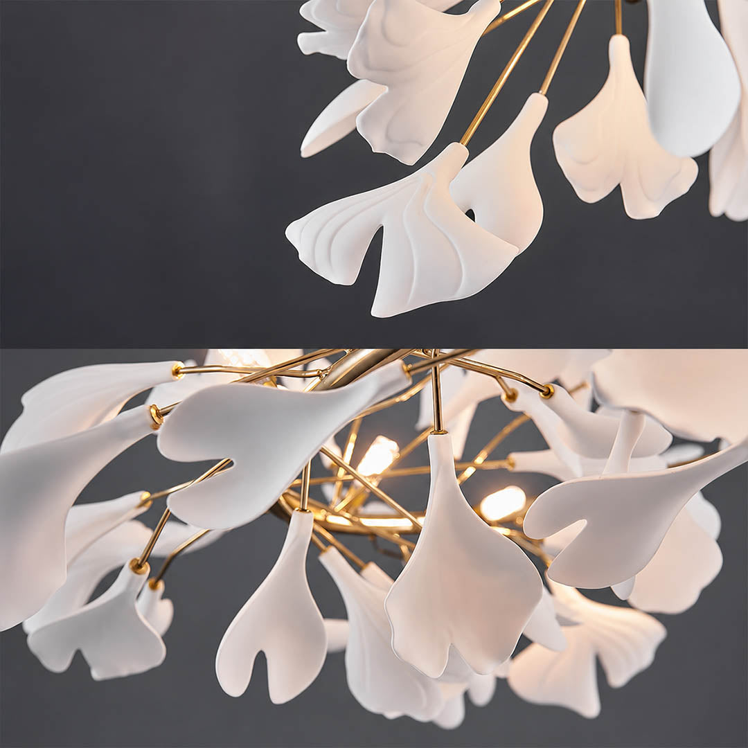 Gingko Chandelier Style E single ceramic hand glazed porcelain ginkgo leaf matte white botanical detail close up craftsmanship french country