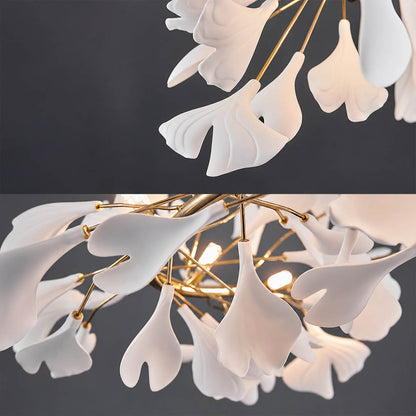Gingko Chandelier Style E single ceramic hand glazed porcelain ginkgo leaf matte white botanical detail close up craftsmanship french country