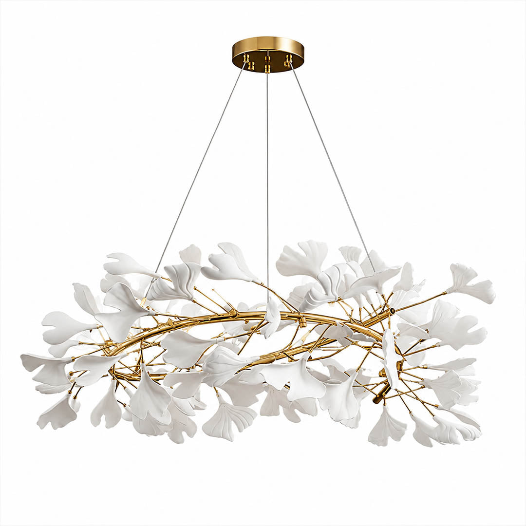 Gingko Chandelier Style E Model A dense radial round drum 23.6 inch handcrafted porcelain ginkgo leaves Rose Gold frame ceramic 6 G9 sockets modern french country dining foyer entry white background