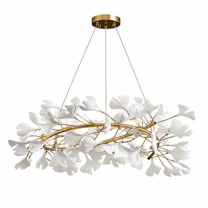 Gingko Chandelier Style E Model A dense radial round drum 23.6 inch handcrafted porcelain ginkgo leaves Rose Gold frame ceramic 6 G9 sockets modern french country dining foyer entry white background
