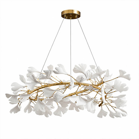 Gingko Chandelier Style E Model A dense radial round drum 23.6 inch handcrafted porcelain ginkgo leaves Rose Gold frame ceramic 6 G9 sockets modern french country dining foyer entry white background