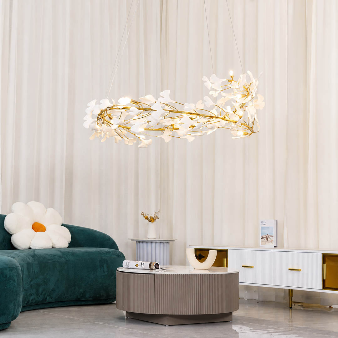 Gingko Chandelier Style E Model B sparse round drum 31.5 inch modern french country foyer entryway welcome delicate warm ambient botanical lifestyle interior