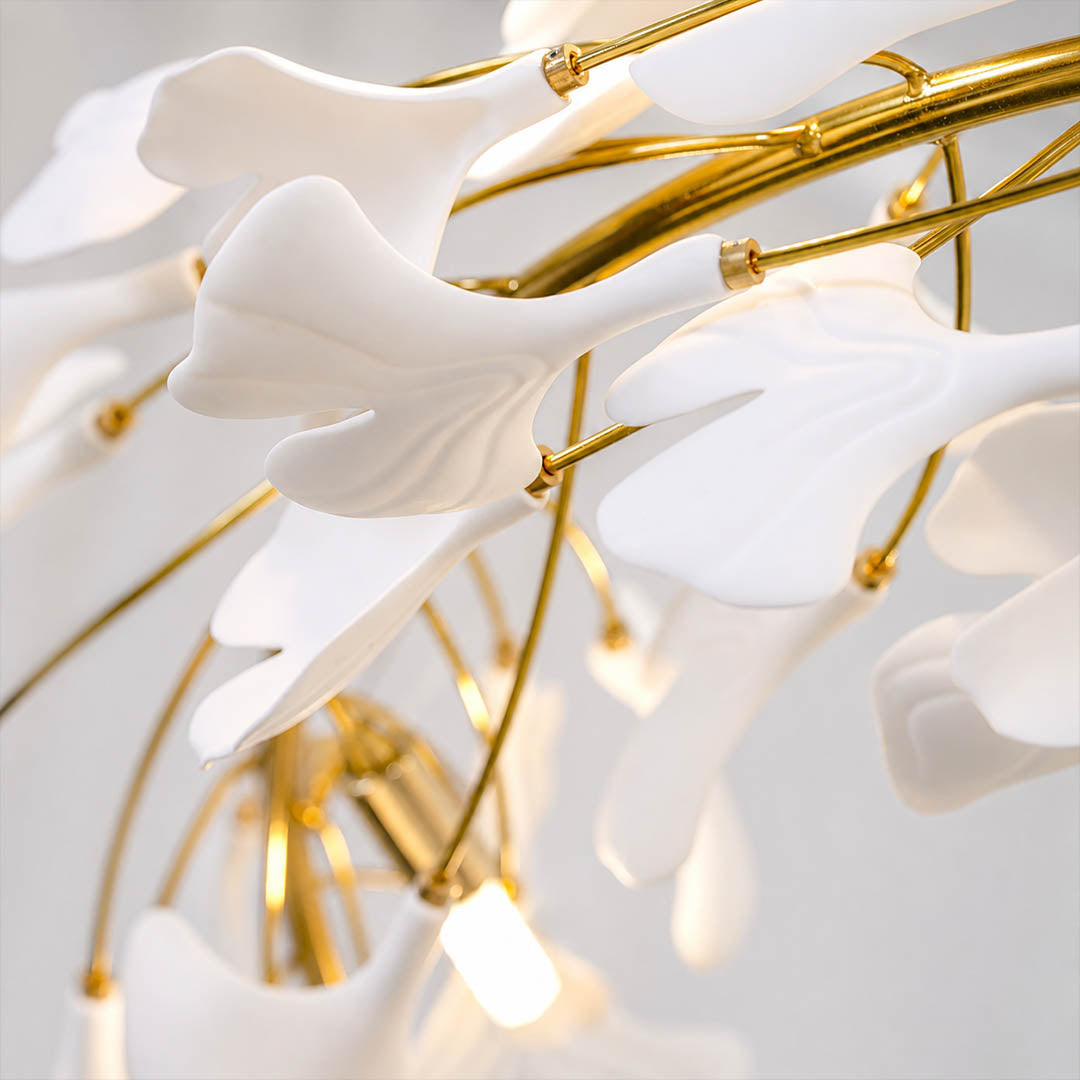 Gingko Chandelier Style E single ceramic hand glazed porcelain ginkgo leaf matte white botanical detail close up craftsmanship french country