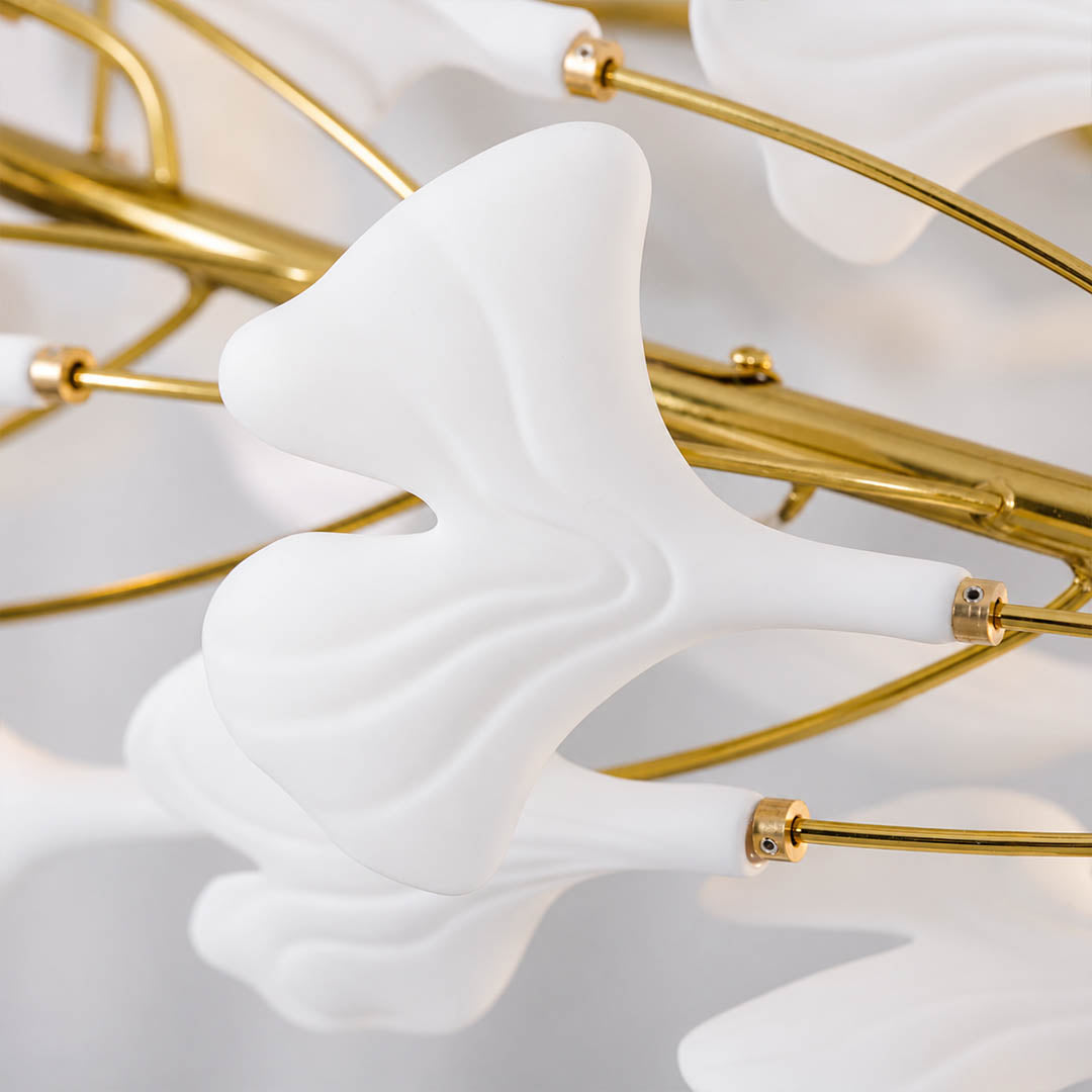 Gingko Chandelier Style E single ceramic hand glazed porcelain ginkgo leaf matte white botanical detail close up craftsmanship french country
