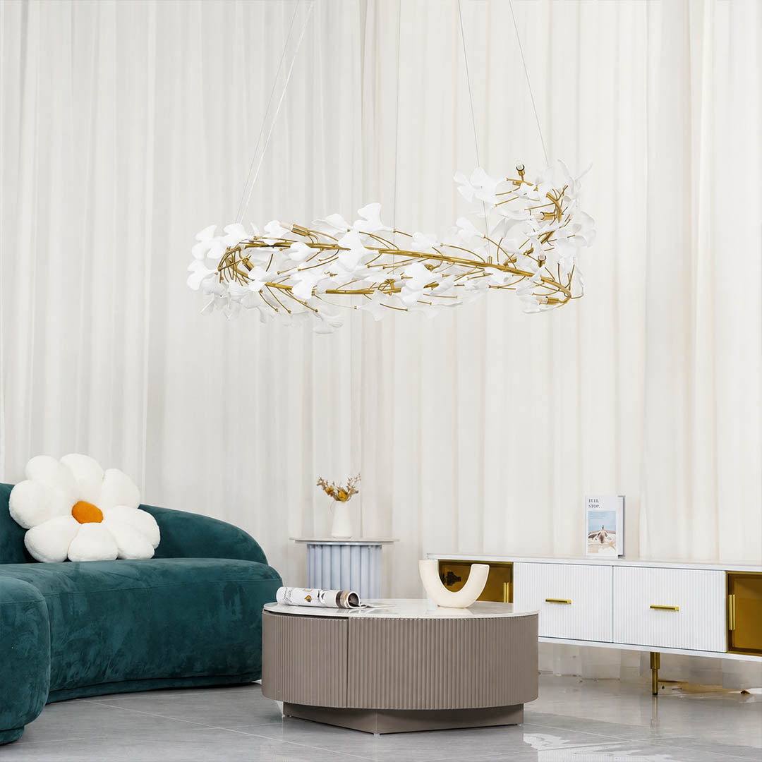 Gingko Chandelier Style E Model C rectangular volume 47.2 inch modern french country formal dining room long walnut table statement warm ambient sculptural elegant lifestyle interior