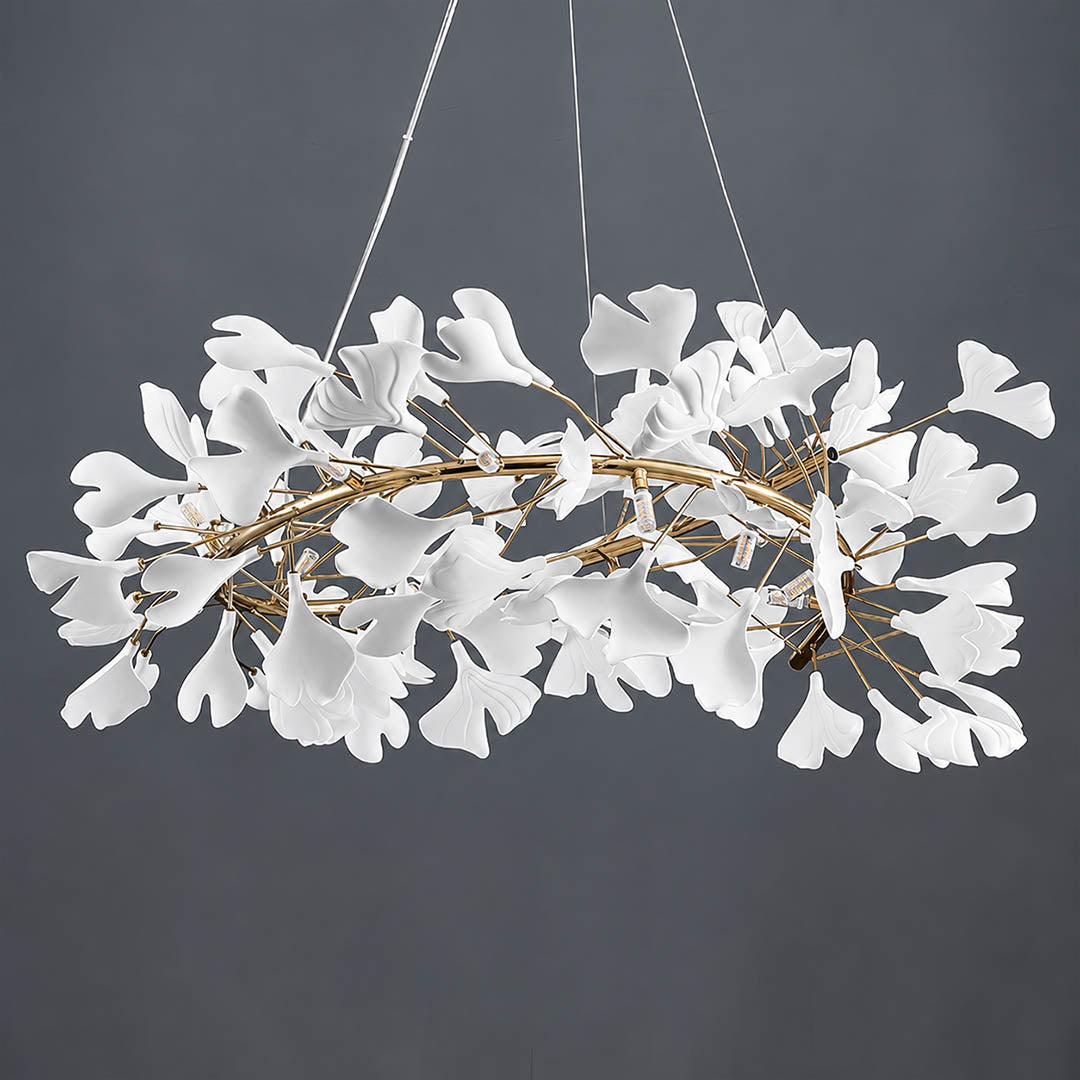 Gingko Chandelier Style E single ceramic hand glazed porcelain ginkgo leaf matte white botanical detail close up craftsmanship french country