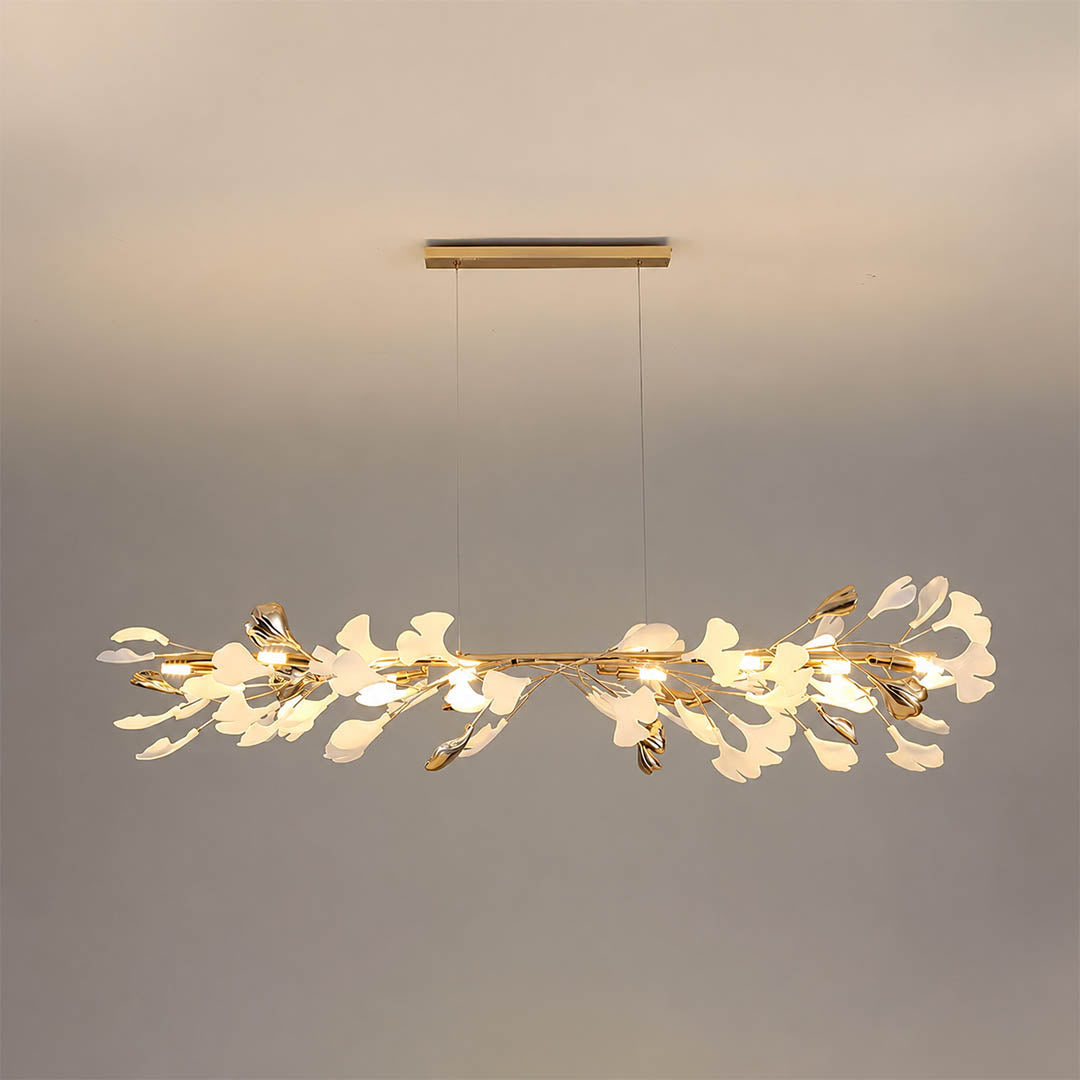 Gingko Chandelier Style E Model D narrow linear 47.2 inch handcrafted porcelain ginkgo leaves Rose Gold frame ceramic 8 G9 sockets modern french country compact dining kitchen island bedroom white background