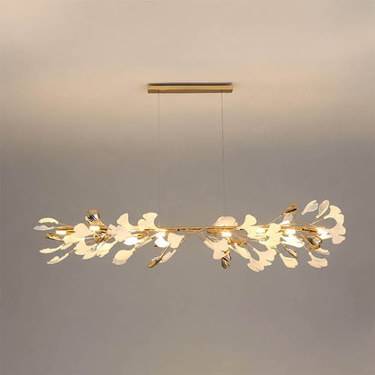Gingko Chandelier Style E Model D narrow linear 47.2 inch handcrafted porcelain ginkgo leaves Rose Gold frame ceramic 8 G9 sockets modern french country compact dining kitchen island bedroom white background