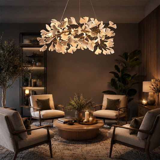 Gingko Chandelier Style E Model A dense 59.1 inch grand statement french country double height foyer entryway architectural sculptural warm ambient botanical hospitality lifestyle interior