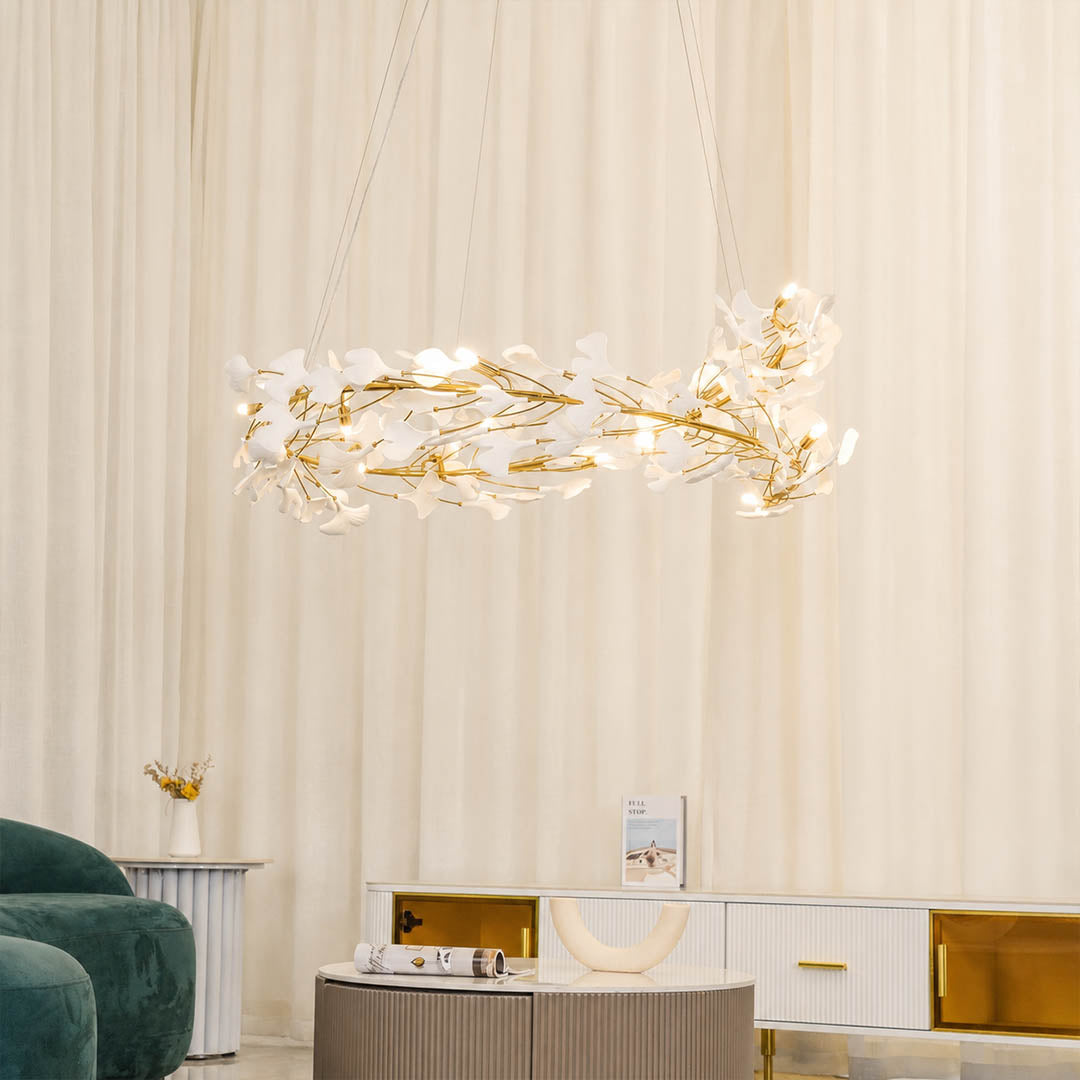 Gingko Chandelier Style E Model B sparse round drum 23.6 inch modern french country powder room small vanity delicate warm ambient botanical lifestyle interior